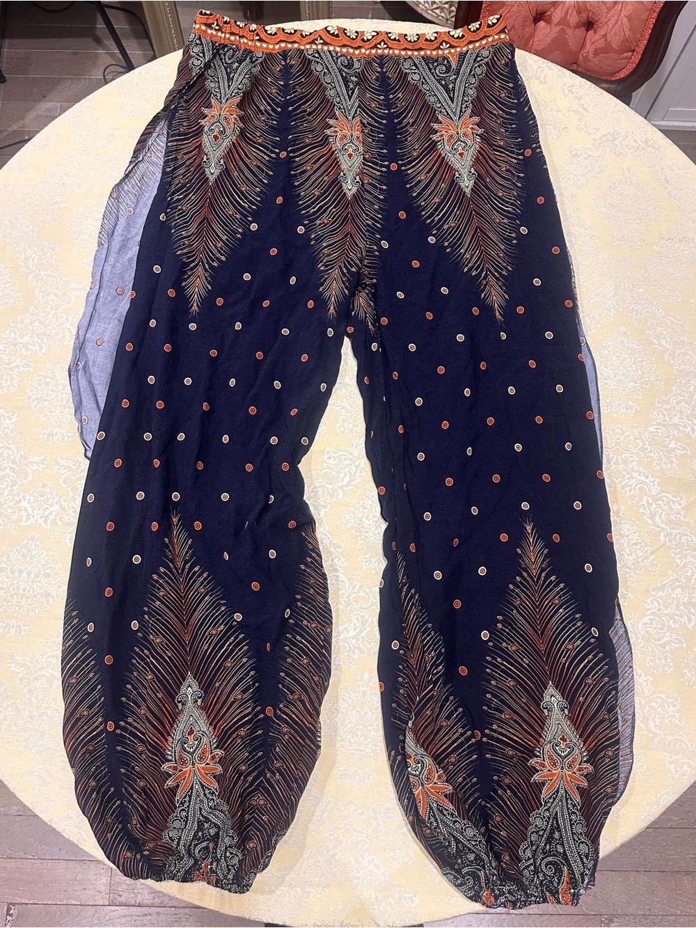 Boho Navy Peasant Harem Pants with Orange & Cream Accents